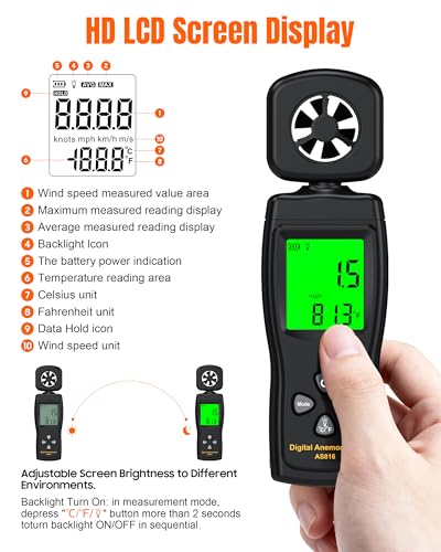 FOOAO Anemometer, Wind Meter Handheld, CMF Meter to Measure Wind Speed and Temperature to Assist in Drone Flights, Outdoor Activities, Shooting Sports and HVAC Systems