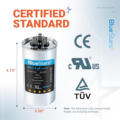 [2025 Updated] BlueStars 60+7.5 uF 60/7.5 MFD 370 or 440 Dual Run Capacitor - size: 60+7.5 MFD