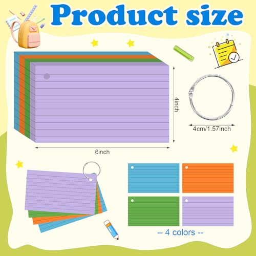 200 Count Neon Index Cards 3x5 Inch Flash Cards Note Cards with Ring - color: Neon-200 Count, size: 3x5