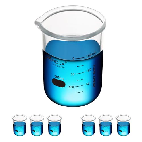 6.7oz(200ml) Sturdy Glass Beaker, Heavy-Duty Lab Beaker Set, 3.3 Borosilicate Griffin Low Form with Printed Graduation, Pack of 6, BKL200-006 - style: Vol.200ml, Pack of 6