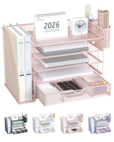 WALI Desk File Organizer, 5 Tier Desktop Paper Letter Tray Organizer with Drawer and 2 Pen Holders, Office Desk Accessories & Workspace Organizers for Office, Home Supplies(DO006DH-P), 1 Pack, Pink - color: Pink, size: 5 Tier