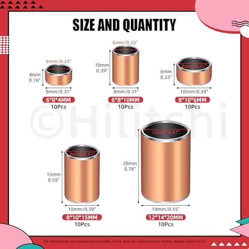 Hilitchi 50PCS 5 Sizes Sleeve Bearing Plain Bearings Wrapped Oil-Less Bushings Self-Lubricating Sintered Bronze Bushings for Machine Shaft Use