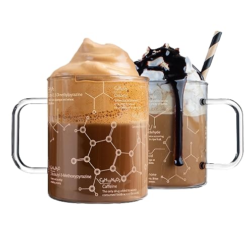 Greenline Goods Glass Coffee Mug - 16 oz Tumbler Science of Coffee Glass (Set of 2) - Etched with Coffee Chemistry Molecules