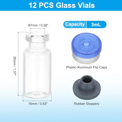PATIKIL 12pcs 3ml Clear Borosilicate Glass Sample Vials with Aluminum Plastic Cap and Rubber Stopper for Lab Solid Liquid Powder Storage, Blue Silver Tone - color: Clear/Blue Silver Tone, size: 3ml