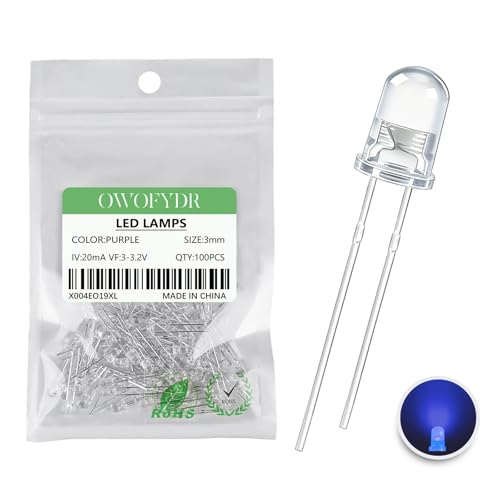 100PCS 3mm Purple LED Diodes, Clear Lens, Through-Hole - color: (Transparent) PURPLE, size: 3MM