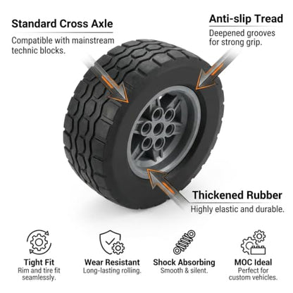 8 PCS Set Technic Wheel Tires, 62x20 Tyre & 43.2x18 Wheel Rim, Compatible with legoes and Major Brand, STEM Learning and Gift for Kids Ages 6 7 8 9 10 11 12+