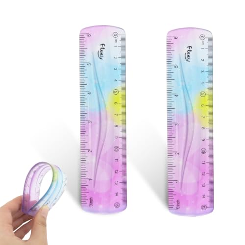 2 Pack Flexible Ruler Set, 6 Inch Bendable Rulers for Kids, Soft Plastic Rulers with Dual-Sided cm/inch Scale, Gradient Color Flex Ruler for School, Home, Office - color: 6 Inch Colorful