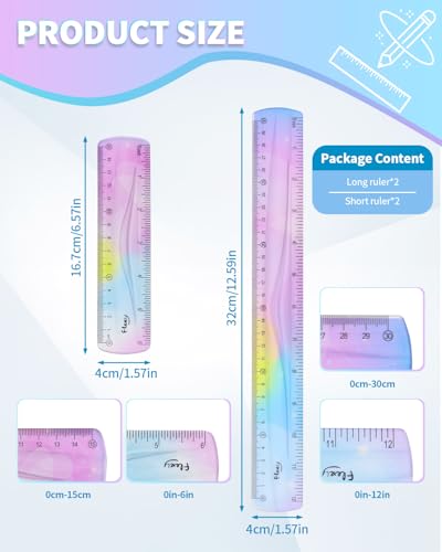 4 Pack Flexible Ruler Set, 12 Inch & 6 Inch Bendable Rulers for Kids, Soft Plastic Rulers with Dual-Sided cm/inch Scale, Gradient Color Flex Ruler for School, Home, Office - color: 6 Inch and 12 Inch Colorful