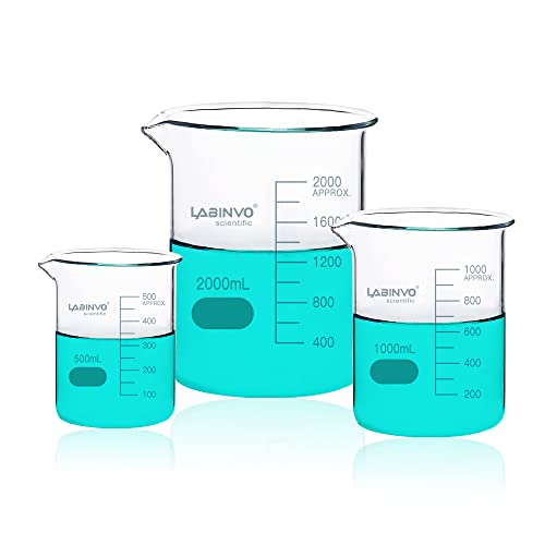 Low Form Graduated Glass Beaker Set, Each 1 PC of Vol.500ml,1000ml,2000ml,3.3 Borosilicate Glass Beakers, IN-BKLS01 - size: Each 1PC of 500mL 1L 2L