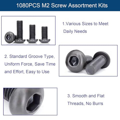 1080PCS M2 Screw Assortment Kit, M2x4/6/8/10/12/16/20/25mm M2 Screw Kits - size: M2