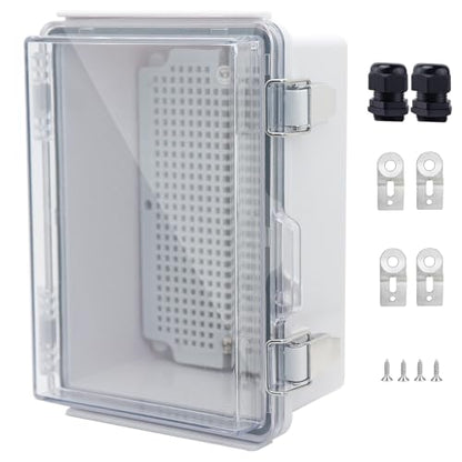 IP67 Waterproof Junction Box, ABS Plastic Electrical Enclosure with Stainless Steel Latch, Hinged Cover Electric Box with Mounting Plate, Wall Brackets & Cable Glands 175x125x90 - color: Clear, size: 6.9"x4.9"x3.5" Standard