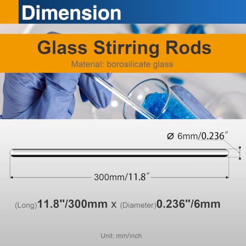 8PCS 12"x6mm Glass Stirring Rods, Borosilicate Round End - size: 12"x6mm