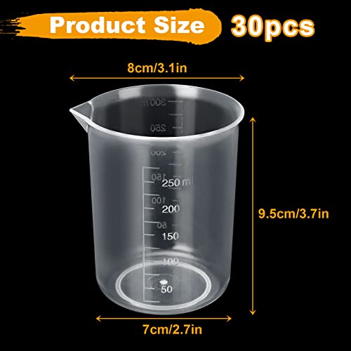 30PCS 250ML Plastic Graduated Measuring Beaker, Clear Resin Mixing Cups, Plastic Measuring Cup for Home School Lab Science Experiment School Teaching Supplies, Raised Graduations, Tapered Spout
