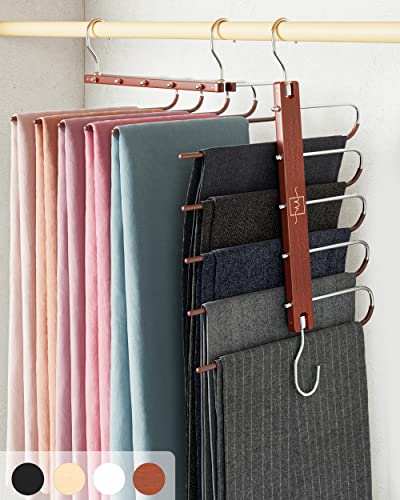 MORALVE Pants Hangers Space Saving - 4 Pack European Beechwood Scarf and Jean Hangers - Closet Organizer and Space Saver Pant Rack, Leggings Hanger, and Scarf Holder with 360° Swivel Hook - color: Mahogany, size: 4 Pack