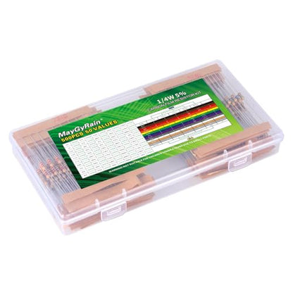 Carbon Film Resistor Kit, 50 Values 1/4W 5% Tolerance Resistors Assortment,0-10M Ohm Through Hole Resistors with Storage Box for Arduino,DIY Electronics Circuit Repair (1/4WJ-50V-500PCS, Carbon) - style: 1/4WJ-50V-500PCS
