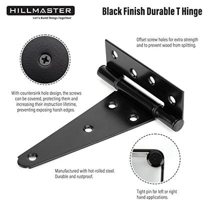 HILLMASTER 6 Inch T-Strap Heavy Duty Shed Door Hinges Gate Strap Hinges Black Tee Hinge Wrought Hardware for Wooden Fences,Yard,Barn Door,Rustproof(2 Pack) - size: 6in 2Pack