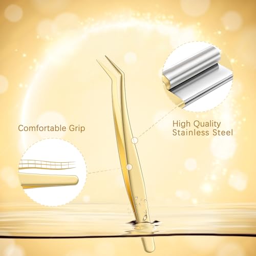 MORGLES Golden Lash Tweezers Set, 5 PCS Professional Eyelash Tweezers - color: Golden