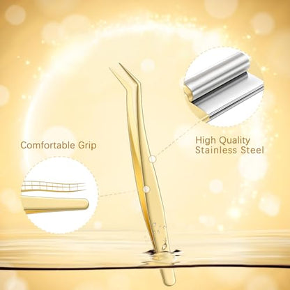 MORGLES Golden Lash Tweezers Set, 5 PCS Professional Eyelash Tweezers - color: Golden
