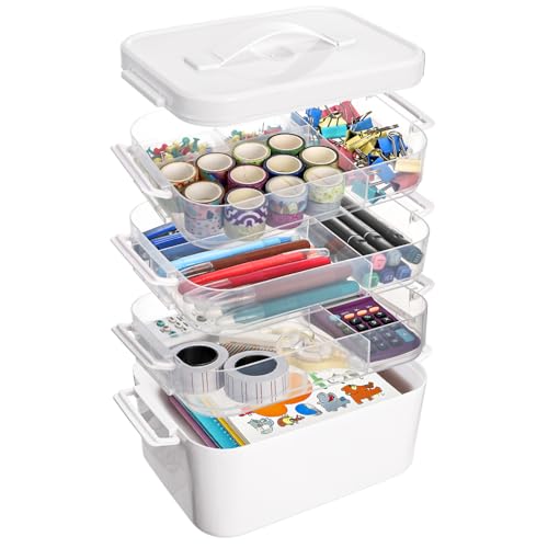 Tebery 4 Tier Plastic Craft Storage Organizer, Clear Stackable Arts Supply Box with Removable Tray, Portable Bead Jewelry Sewing Tool Container Case with Handle, Ideal for Home Studio Travel