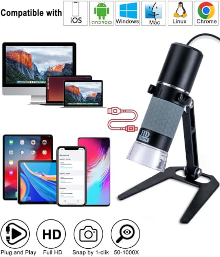 Jiusion 1080P 50-1000x USB Digital Microscope Stand for iPhone Android PC - color: Black/Grey