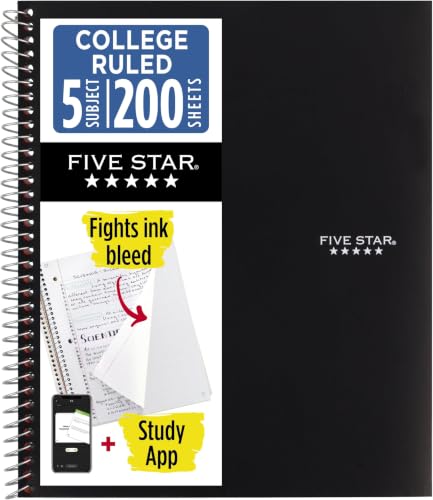 Five Star Spiral Notebook + Study App,5 Subject,College Ruled Paper,8-1/2" x 11",200 Sheets,Fights Ink Bleed,Water Resistant Cover,Black (72081),(Pack of 6) - color: Black, size: 1 Count (Pack of 6)