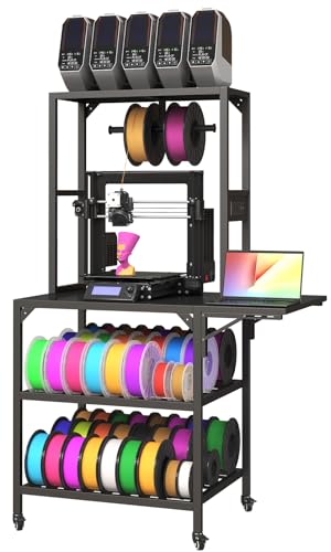 KEIKI 3D Printer Stand with Filament Storage Rack and Spool Holder, Heavy Duty Metal Frame 3D Printing Table Cart with Wheels, T-Shaped Organizer Workbench for Studio Workshop Home Office，Black - color: Black With Wheels
