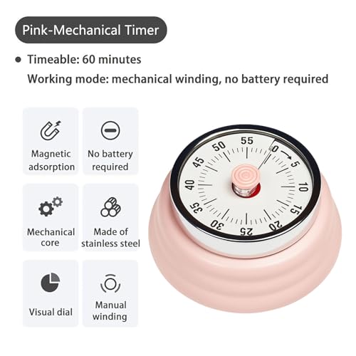 Elegant Stainless Steel Vintage Kitchen Timer with Magnetic Attachment - 60-Minute Countdown & Audible Alarm, Perfect for Cooking, Office Tasks, and Study Sessions (01-Pink) - color: 01-pink