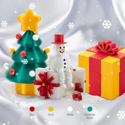 Silk PLA Filament Bundle, 3D Printer Filament 1.75mm Multicolor Christmas Pack -White, Gold, Green, Red, Creating Christmas Ornaments, or DIY Gifts, 200g x 4 Spools - color: Silk White/Christmas Green/Red/Gold 200g*4 Pack