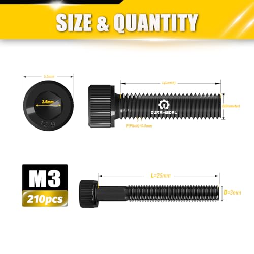 M3x25mm Screws 210pcs Hex Socket Cap 12.9 Steel Black Zinc Half Thread - size: M3*25mm 210pcs