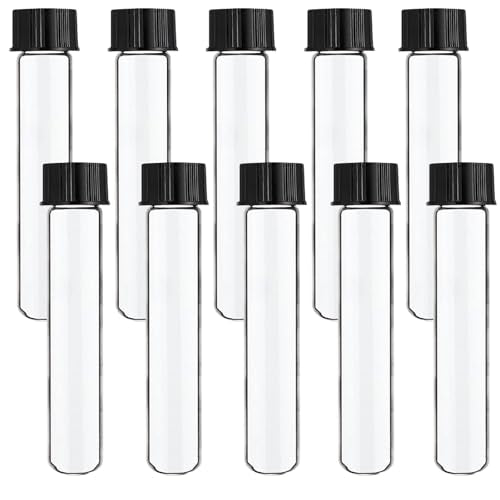 16x100mm Glass Test Tubes with Black Screw Cap, 10ml Boro Glass Test Tubes for Scientific Experiments, Candy Storage, Party and Home Decorations, Plant Propagation and Holiday Gifts, HUAOU, Pack of 10