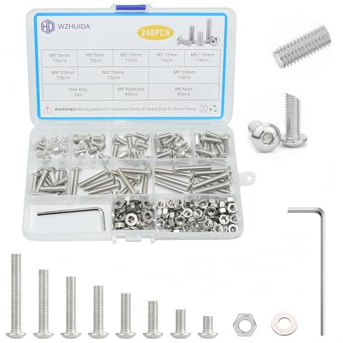 240 Pcs M5 Screws Assortment Kit, M5x6mm/8mm/10mm/12mm/16mm/20mm/25mm/30mm, Metric Hex Button Head Socket Cap Screws Nuts Washers Kit with Wrench, 304 Stainless Steel - size: M5 240 Pcs