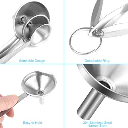 Large Small Funnel Set of 3, Food Grade Mini Funnels for Kitchen Use Filling Bottles Liquor Flask Tiny Spice Cooking Powder, 6Pcs Metal Stainless Steel Funnel (Long Handle), 2Pcs Cleaning Brushes YLYL