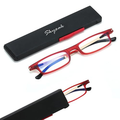 SKYOAK Ultra thin Lightweight Folding Reading Glasses Women Men TR90 Blue Light Blocking Anti UV/Eyestrain Foldable Compact Computer Readers Portable Unique Stretchable Slim Flat Case Red +2.0 - color: Red