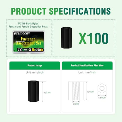 100pcs M3x10mm Nylon Black Female-Female Hex Standoff Spacer Kit - size: M3*10 mm, style: Black Female-Female Hex Standoff