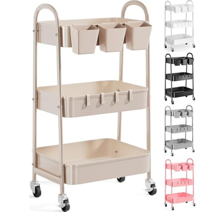 3 Tier Khaki Metal Utility Rolling Cart, Storage Carts with Lockable Wheels - color: Rustic Khaki, size: 3 tier