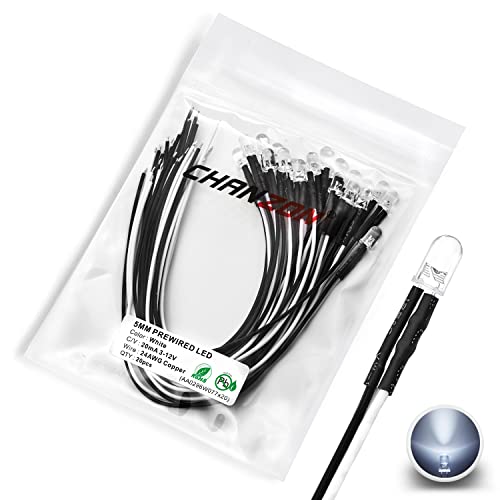 CHANZON 20 pcs Pre-Wired 5mm White LED Diode Lights (DC 12V) - color: B) White (20pcs)
