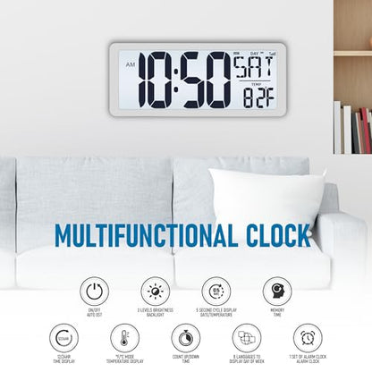 TXL Atomic Clock with Backlight, 14.2" Digital Wall Clock, Battery Operated, Large Display with Day, Date & Temperature, Bedroom, Living Room, Office - color: White Atomic Backlight-14.2in