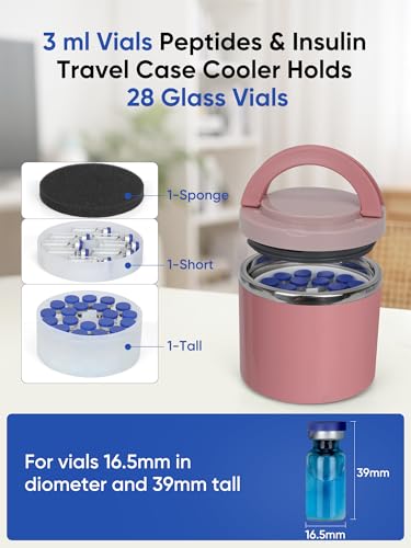 3ml Peptide Case for Fridge & Travel, 28-Slot Insulated Stainless Steel Jar - color: Pink