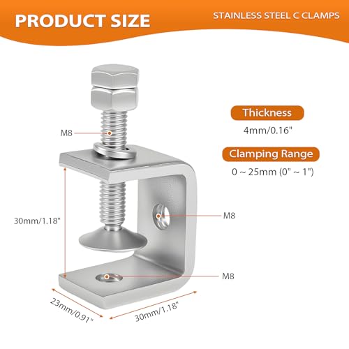 1-3/16 Inch C Clamp, 2 Pcs 304 Stainless Steel C Clamps, Heavy Duty Metal U Clamps, Small Desk G-Clamp Set for Mounting & Fastening, Home DIY, Crafting, Light Duty Repairs(30mm) - size: 1-3/16 Inch-2pcs（30mm）