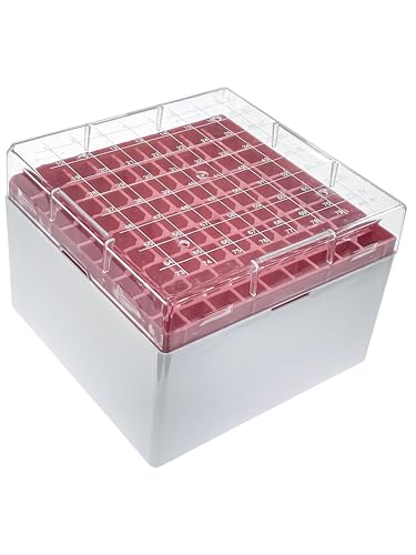 MUHWA 4 Packs 5ml Cryogenic Vial Storage Box, 81-Place CryoBox Vial Rack for Corning/Thermo 5ml cryotube(Assorted Color Blue/Red/Yellow/Green)