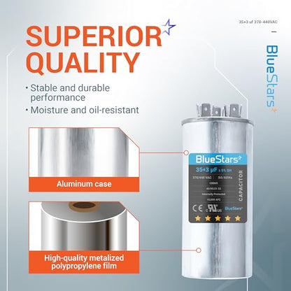 [UL Certified] BlueStars 35+3 MFD 35/3 uf 370 or 440 VAC Dual Run Round Capacitor CBB65 - Fit for Condenser Straight Cool Heat Pump Air Conditioner AC Motor - Replaces USA2226BA 97F9472 C3353R - size: 35+3 MFD