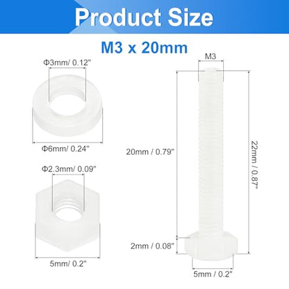 uxcell 300 Pcs/100 Sets Nylon Hex Bolts, M3 x 20mm Plastic Full Threaded Hex Head Screws Bolts and Nuts with Flat Washers for Machinery Electronics Industrial Accessories, White - size: M3 x 20mm