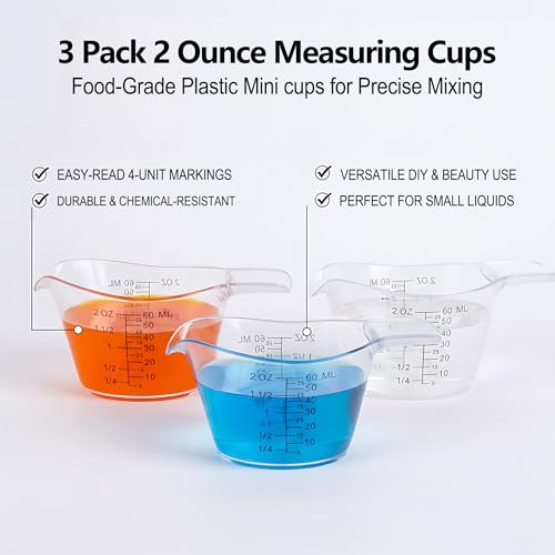 3 Pack 2 Ounce Measuring Cups, Food-Grade Plastic Small Measuring Cup for Hair Color, Hot Tub Chemicals & DIY Mixing, Mini Ounce Measure Cup with Easy-Read Markings