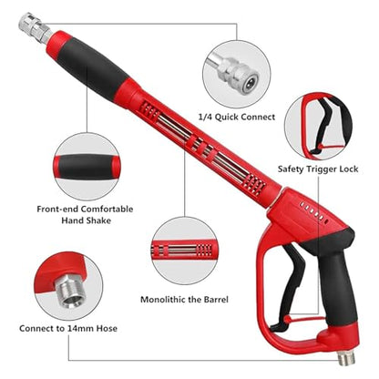 Upgraded Pressure Washer Gun with Extension Replacement Wand, M22 Fitting,7 Inch 30 Degree Curved Rod, 5 Nozzle Tips, 5000 PSI, 47 Inch - color: black and red