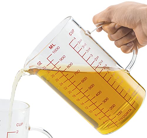 Glass Measuring Cup with Handle, Three Scales (OZ, Cup, ML), V-Shaped Spout, Measuring Beaker for Kitchen or Restaurant, Easy to Read, by TIYOORTA (1000ML RED)