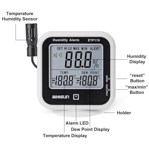 ALLOSUN Digital Thermometer Hygrometer Indoor Humidity Greenhouse Temperature Monitor Alarm Long Probe Gauge Dew-Point Meter with LCD Display