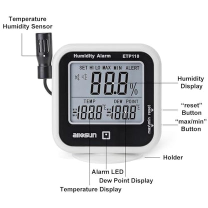 ALLOSUN Digital Thermometer Hygrometer Indoor Humidity Greenhouse Temperature Monitor Alarm Long Probe Gauge Dew-Point Meter with LCD Display