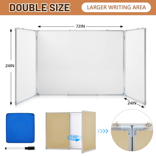 Mooliwe 72"x24" Tri-fold Fabric Board Whiteboard Combo, Foldable Combination Magnetic Dry Erase Board & Bulletin Whiteboard with Aluminum Frame Wall Mounted for Home, Office and School(Beige) - color: Beige