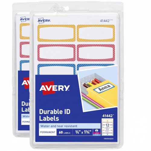 Avery Durable Labels for Kids' Gear, 3/4" x 1-3/4", Assorted Border Colors, Water-Resistant Labels, 60 Count (41442), (Pack of 2) - size: 3/4 in. X 1-3/4 in. (Pack of 2)