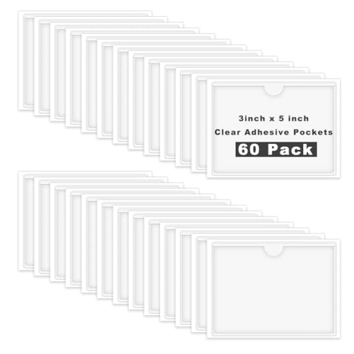 60 Pack 3 X 5 Inches Adhesive Index Card Pockets, Clear Self Adhesive Label Pockets Label Holders Card Holder Shelf Label Holder for Organizing, Storage Bins (3.7 x 5.3 inches) - size: 3.7 x 5.3 inches